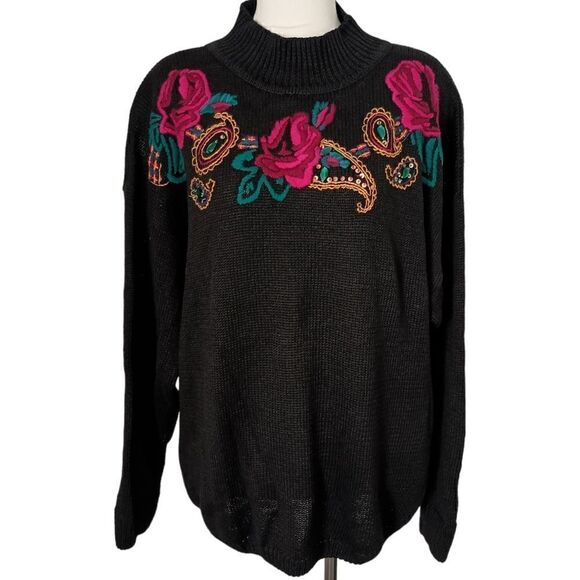 Vtg Stefano Ramie Knit Sweater 1X Plus Sz 18 20 Floral Embroidery 90s Cottage - Picture 9 of 14
